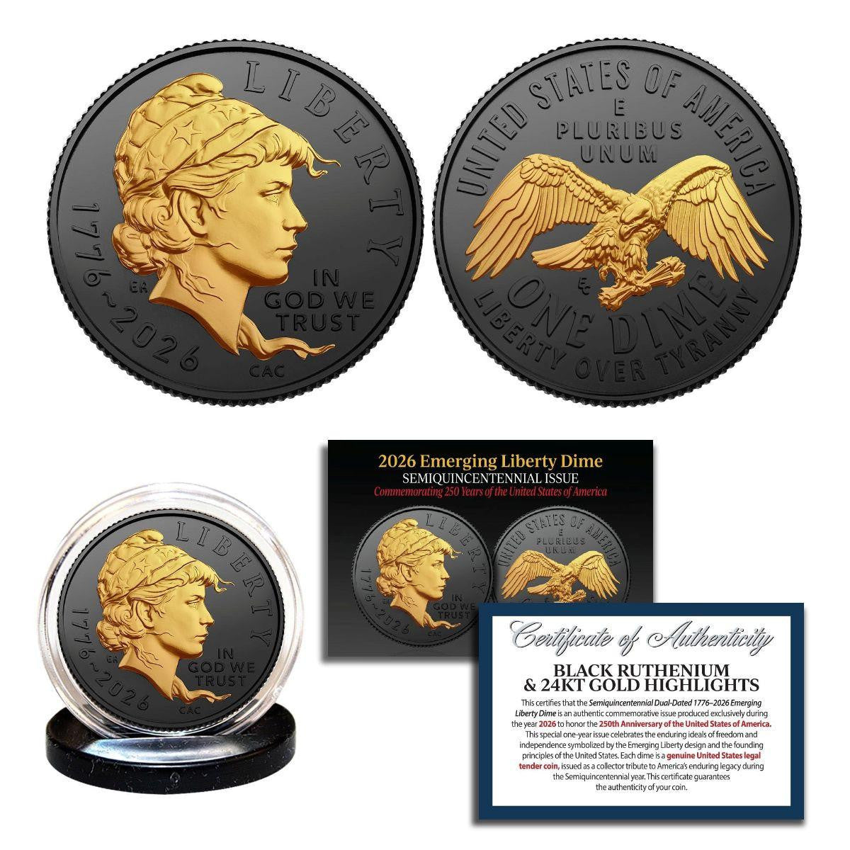 2026-P Emerging Liberty Dime Coin America 250th Black Ruthenium with 24K Gold
