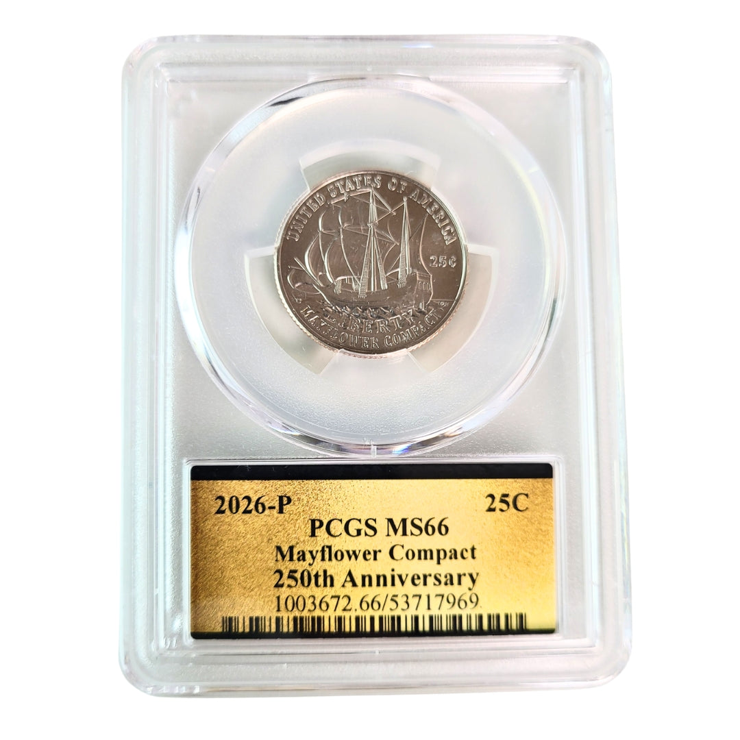 2026-P PCGS Mayflower Compact Quarter MS66 250th Anniversary Gold Label