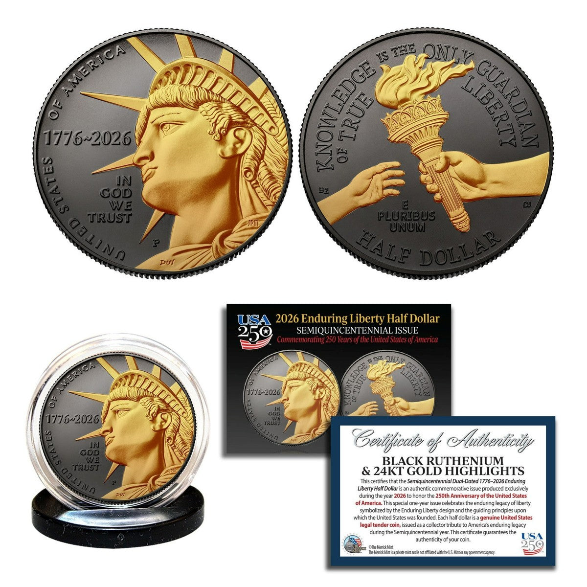 2026-D Enduring Liberty Half Dollar Coin America 250th Black Ruthenium 24K Gold